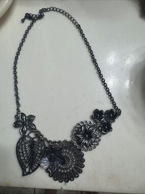 Floral Filigree Statement Necklace in Gunmetal